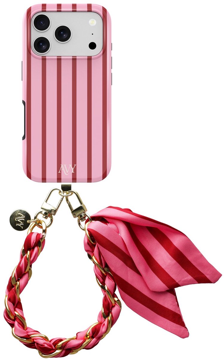 AVY Hoesje Met Telefoonkoord | Geschikt voor Apple iPhone 17 Pro | Compatibel met MagSafe | Hard Shell Back Cover | Stijlvol Bijpassend Koord 32CM | Linea Sol | Roze