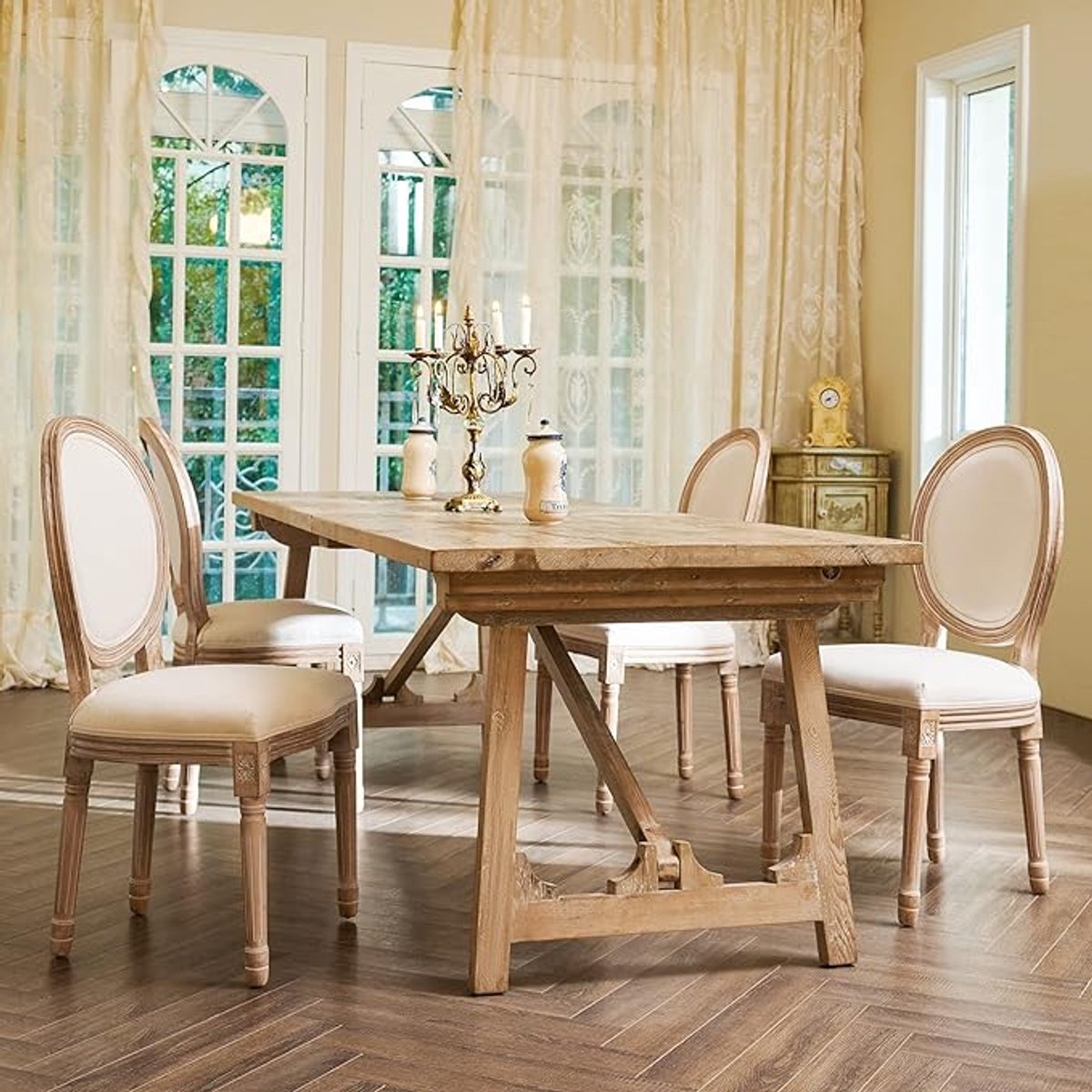 Eetkamerstoelen Set van 2 – Gestoffeerde Stoffen Stoelen met Ronde Rugleuning en Houten Poten – 44x50x97 cm – Vintage Luxe Comfort Stoelen voor Woonkamer, Slaapkamer & Eetkamer – Beige – Laura