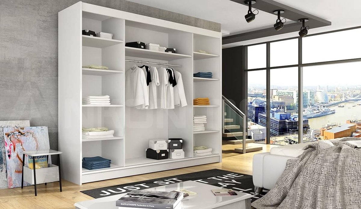 Kledingkast zwart 250x215x58 cm met spiegel 3 schuifdeuren moderne slaapkamer kast met 9 legplanken & kledingrek ruime schuifdeur garderobekast slaapkamer & woonkamer meubels Aston Vermissen