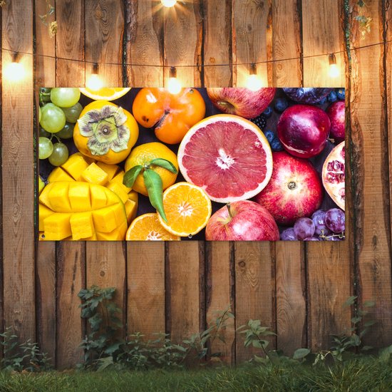Tuinposter 160x80 cm - Tuindecoratie Fruit - Regenboog - Kleuren - Poster voor in de tuin - Buiten decoratie - Schutting tuinschilderij - Tuindoek muurdecoratie - Wanddecoratie balkondoek