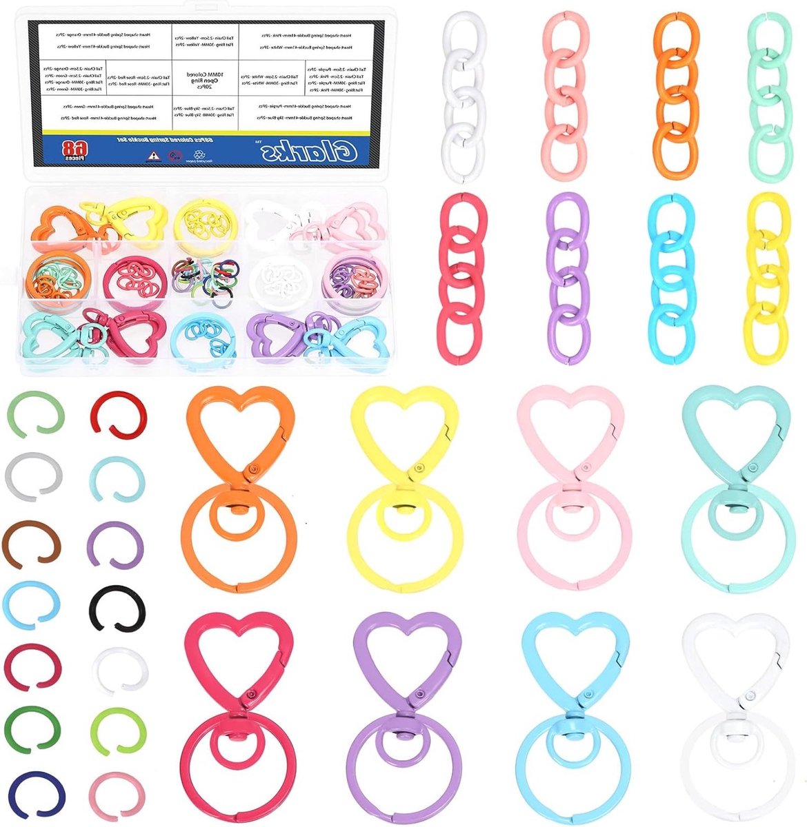68-delige hartvormige sleutelhanger clip set met 16 kleuren karabijnhaak, DIY accessoires voor sleutelhangers en tasbevestiging