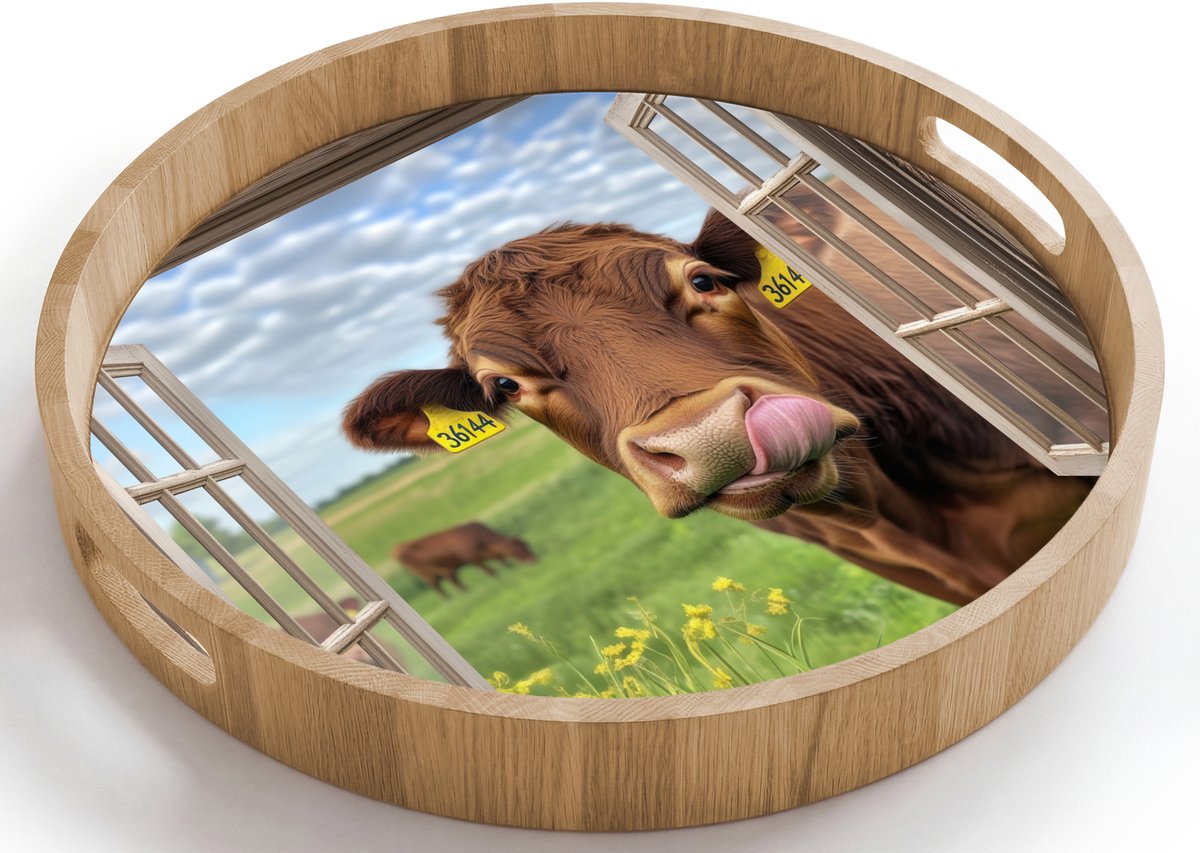 Dienblad rond 40x40 cm - Schootdienblad hout - Doorkijk - Koe - Weiland - Landschap - Dieren - Borrelplank rechthoek - Plateau houten dienbladen