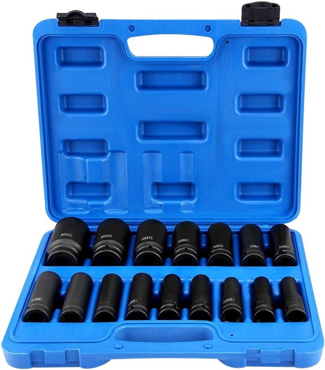 16-delige Impact Wrench Set met 1/2 Inch Aandrijving, Hex Socket 10mm-32mm en Opbergdoos voor Klussen en Onderhoud