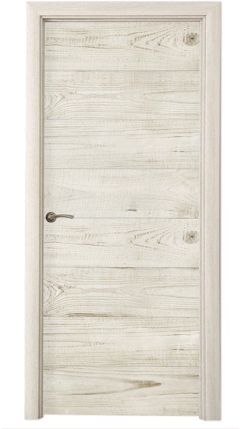 Deur met verweerde wit houten uitstraling, horizontale planken en een zilveren deurklink.