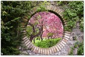 Affiche de jardin - Voir à travers - Sakura - Blossom - Voir à travers - Pierres - Fleurs - 120x80 cm - Affiche de clôture - Décoration de jardin- Toile de jardin