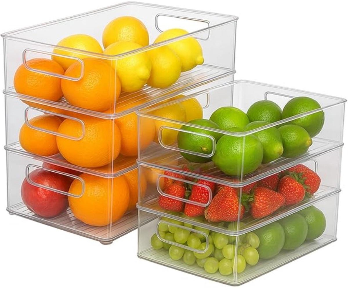 YOZHIQU Koelkastorganizer - Opbergdozen Set - Transparante Voedselbakken - Stapelbaar PET Materiaal - Set Van 6 Stuks - Geschikt voor Koelkast En Kast - Helder