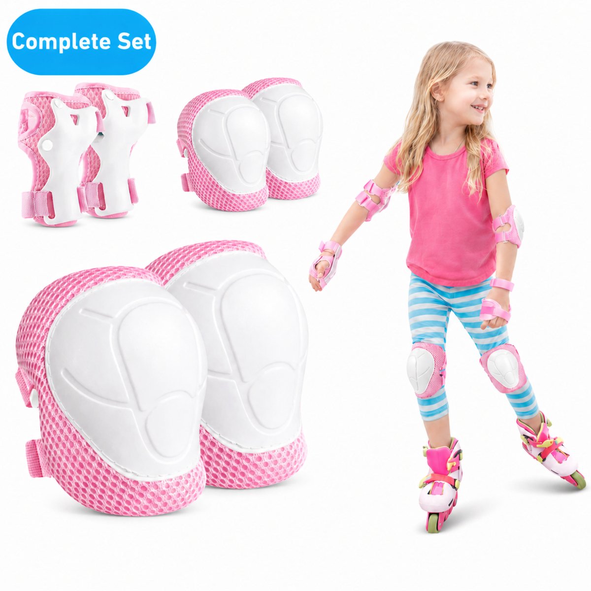 Hunta® Skate Beschermset Kinderen Beschermers Skeelers & Skates Valbescherming met Kniebeschermers Polsbeschermers en Elleboogbeschermers Verstelbare Skeeler Bescherming Skateboard & Rolschaatsen Skeeleren en Skaten voor Kind Roze