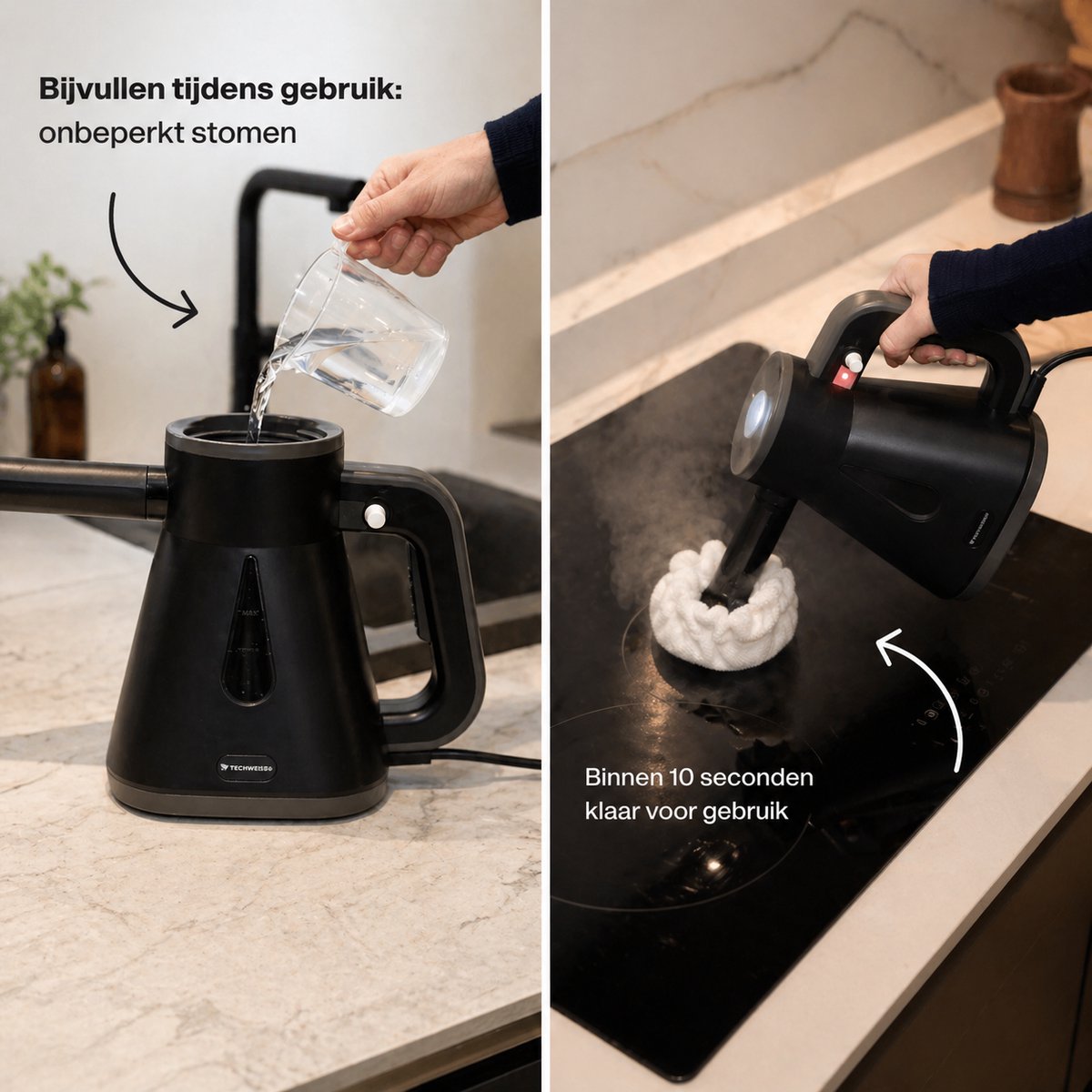 Techweise TS Compact Handstoomreiniger - 15 Accessoires - 1200W 2,6 Bar - Vloer, badkamer en meer - Wet & Dry functie - Handstomer thumbnail 2
