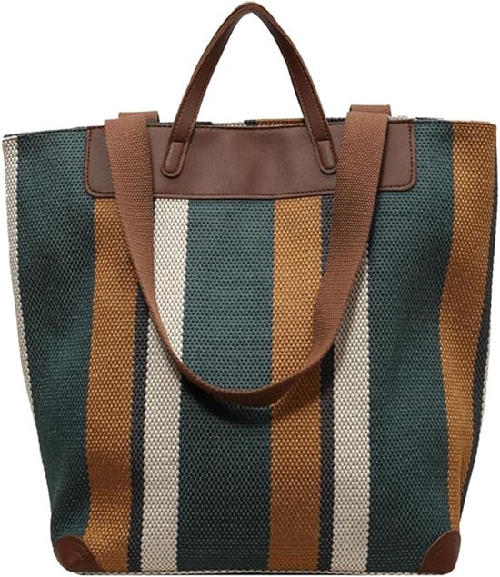 Sac fourre-tout en toile rayée avec poignées et accents en similicuir marron. Rayures verticales vert foncé, marron, blanc et beige. Protections de coin marron.