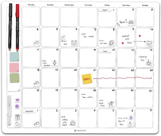 Wit magnetisch planbord met ingevulde afspraken en tekeningen. Naast het bord hangen twee pennen en een magnetische houder.