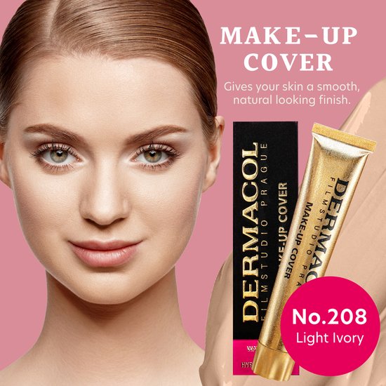Model met lichte huid met een tube Dermacol Make-Up Cover foundation, nummer 208 Light Ivory.