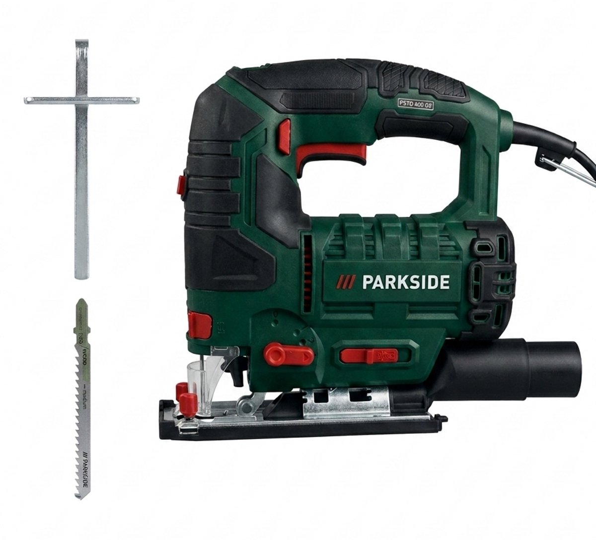 PARKSIDE Decoupeerzaag - Max. zaagdiepte hout: 80 mm - Max. zaagdiepte metaal: 8 mm - Pendelbeweging: 3 pendelstanden - De verstelbare bodemplaat maakt zaagsneden mogelijk tot 45°