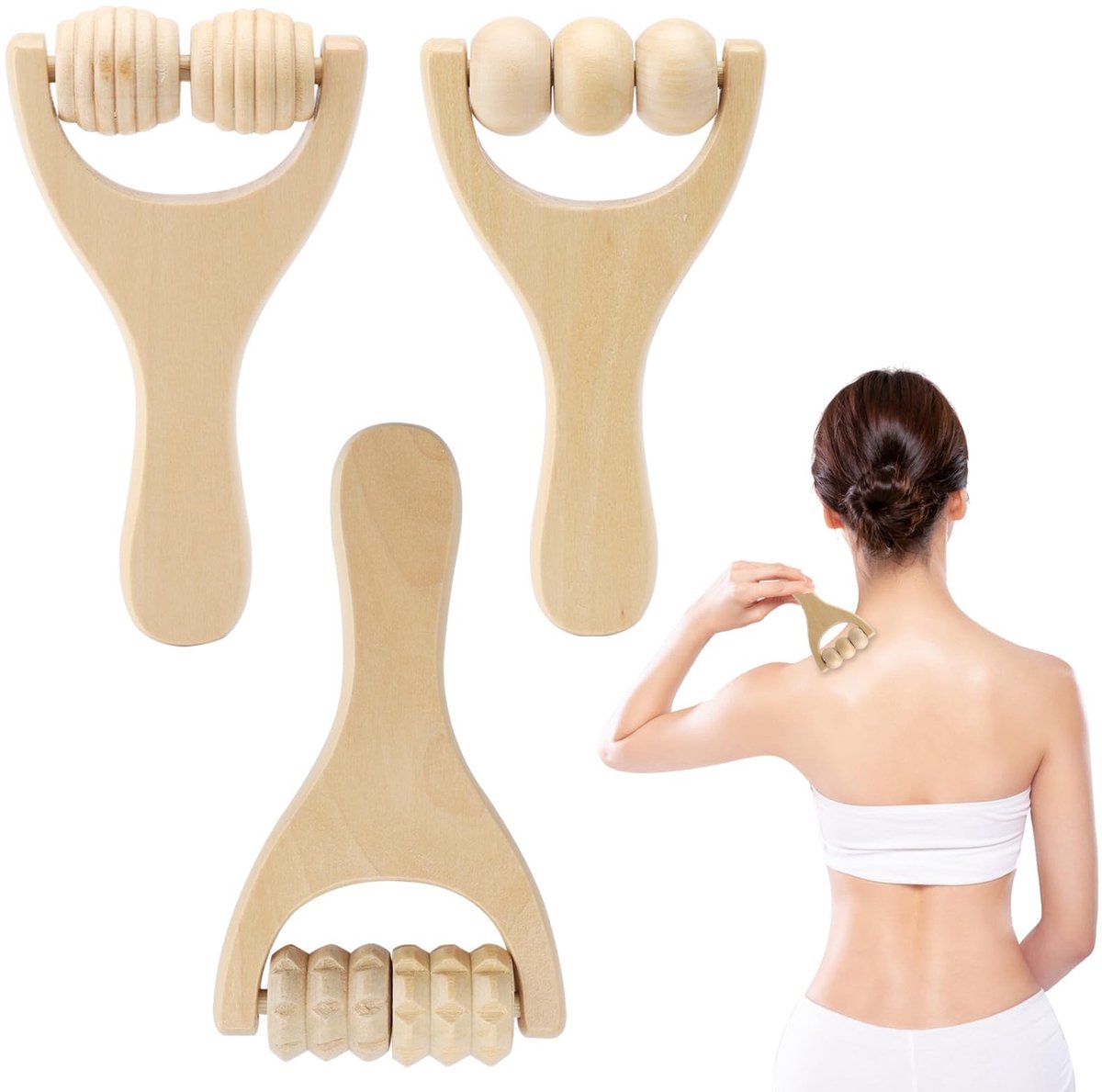 NTHProducts - Houten Massage Roller - Fascia Roller - Handmatige Massage Tool - Set van 3 - Ontspanning van Spieren - Geschikt voor Volledige Lichaam -...