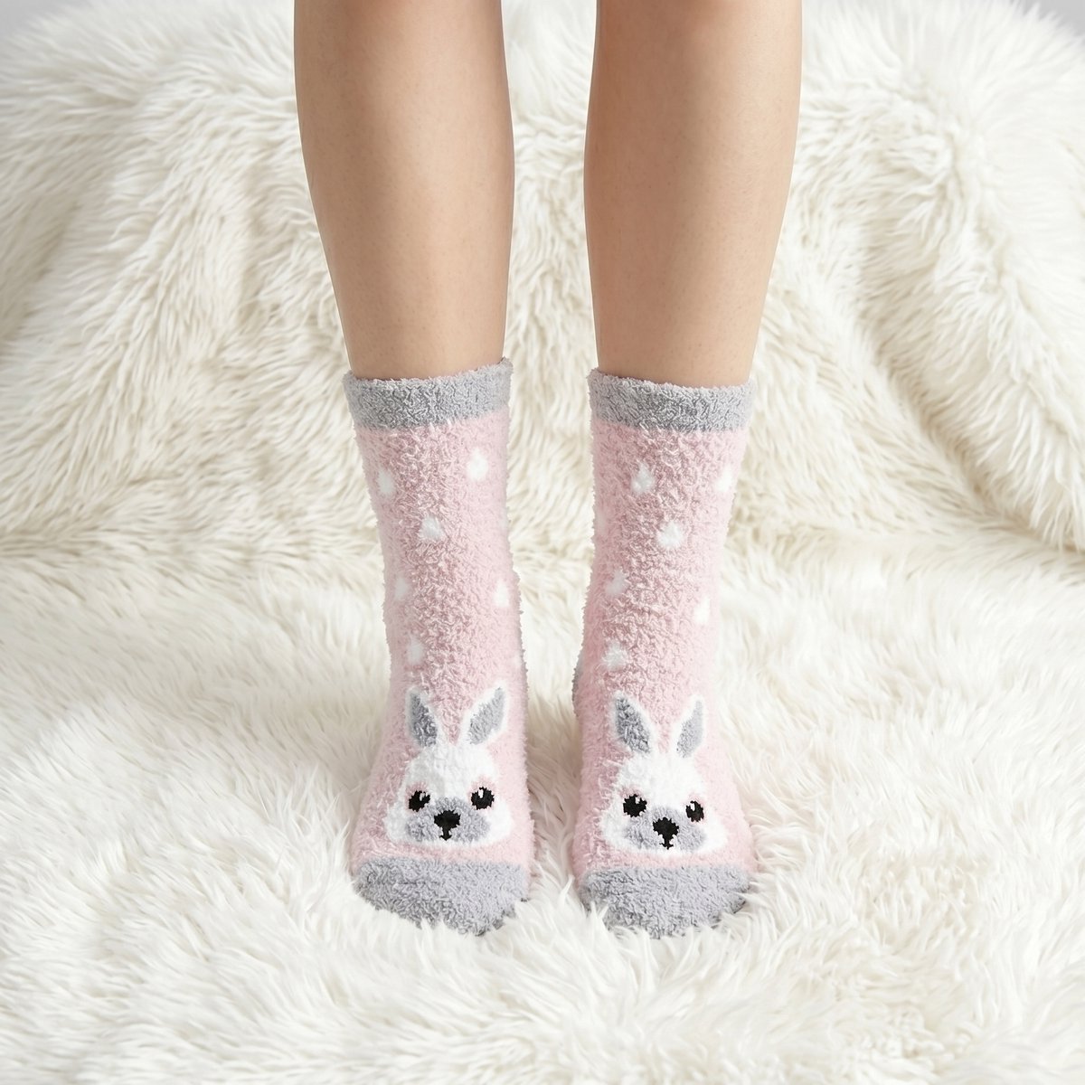 Fluffy Sokken Dames - huissokken - grijs - roze - leuke print konijn - gestipt - 36 - 40 - cadeau voor haar - geschenk vrouwen - Kerst cadeau - verjaardagscadeau - extra zacht