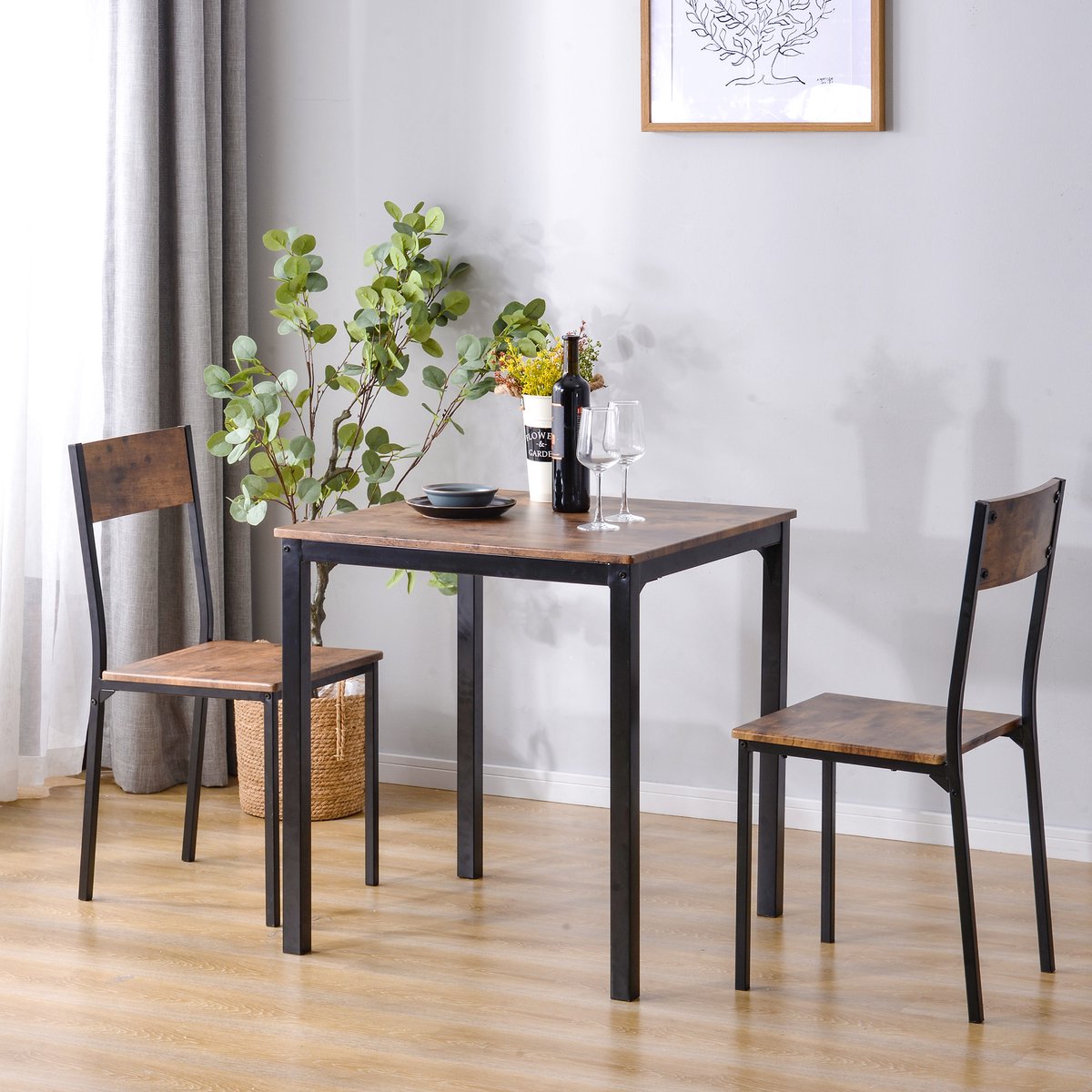 FloraGrace Eethoek Set - Tafel Met 2 Stoelen - Ruimtebesparend Voor Keuken En Balkon - Metaal En MDF - Bruin - 70x70x75 Cm
