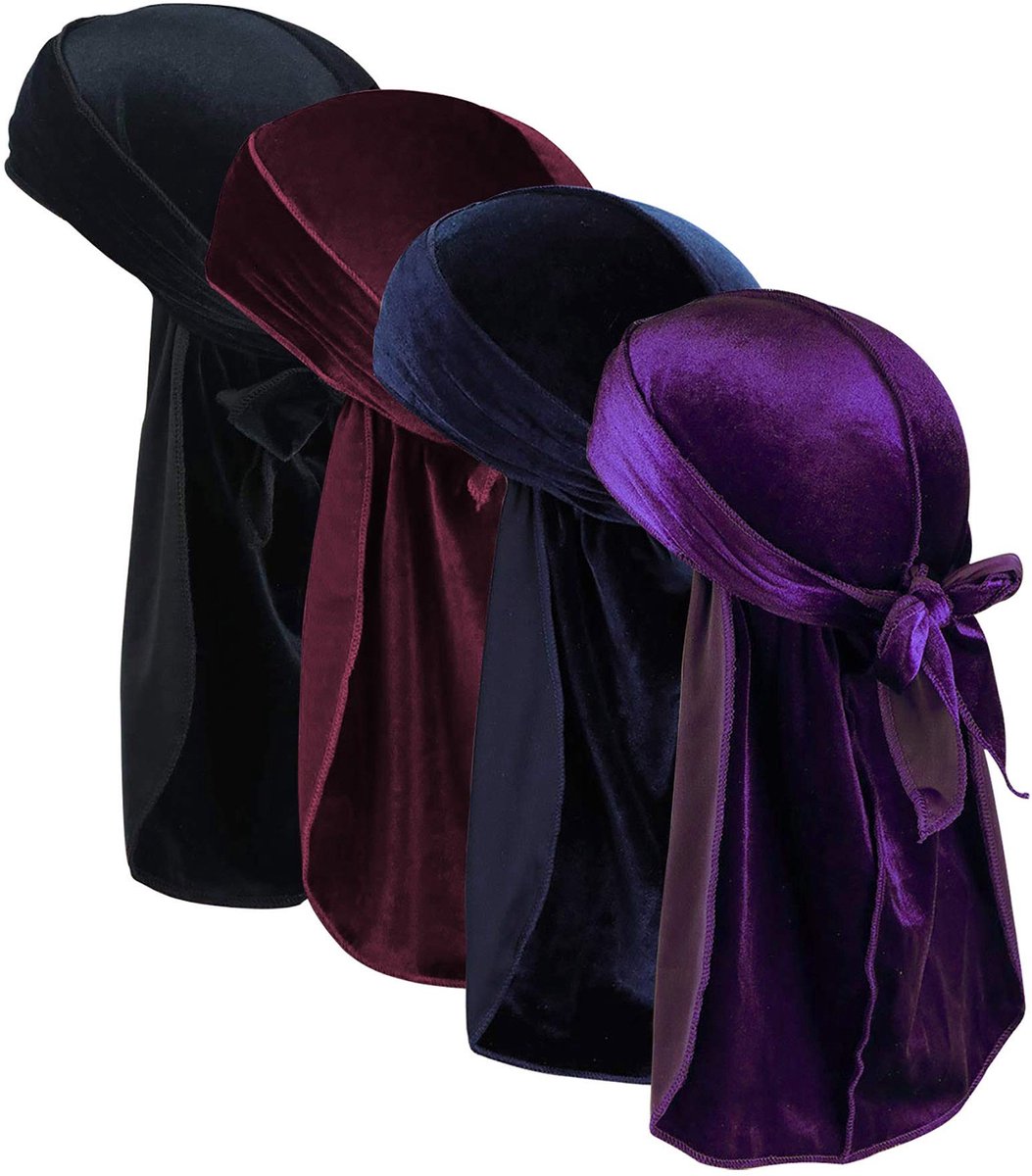 Allecto - Velvet Durags voor Mannen - Extra Lange Staart - Du-rag voor Waves - 4 Pairs - Unisex Du-rags - Kleur: Zwart, Marineblauw, Wijnrood, Paars