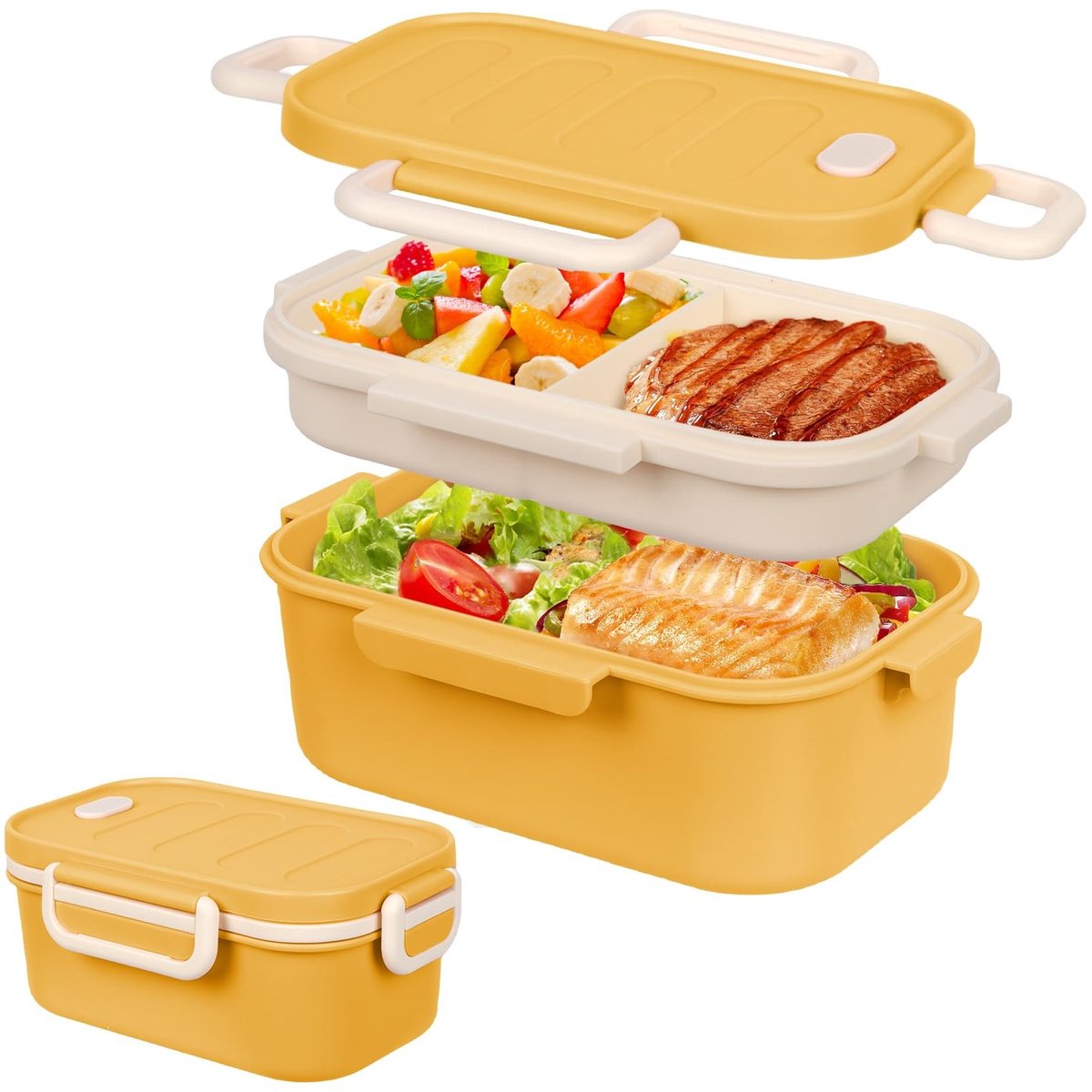 NTHProducts - Lunch Box met Compartimenten - Lekvrije Lunchdoos - 2-Tier Ontbijtbox - Geel - Bento Box - Geschikt voor Werk en Picknick