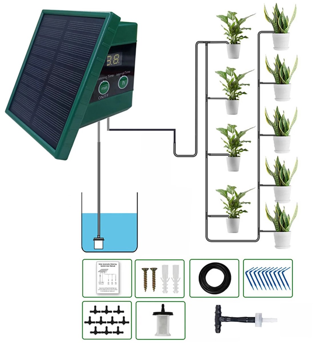 Emvae druppelslang - Waterdruppelaar - Druppelirrigatiesysteem - Bewateringssysteem op zonne-energie - Irrigatiesysteem - Met timer - 10 m slang