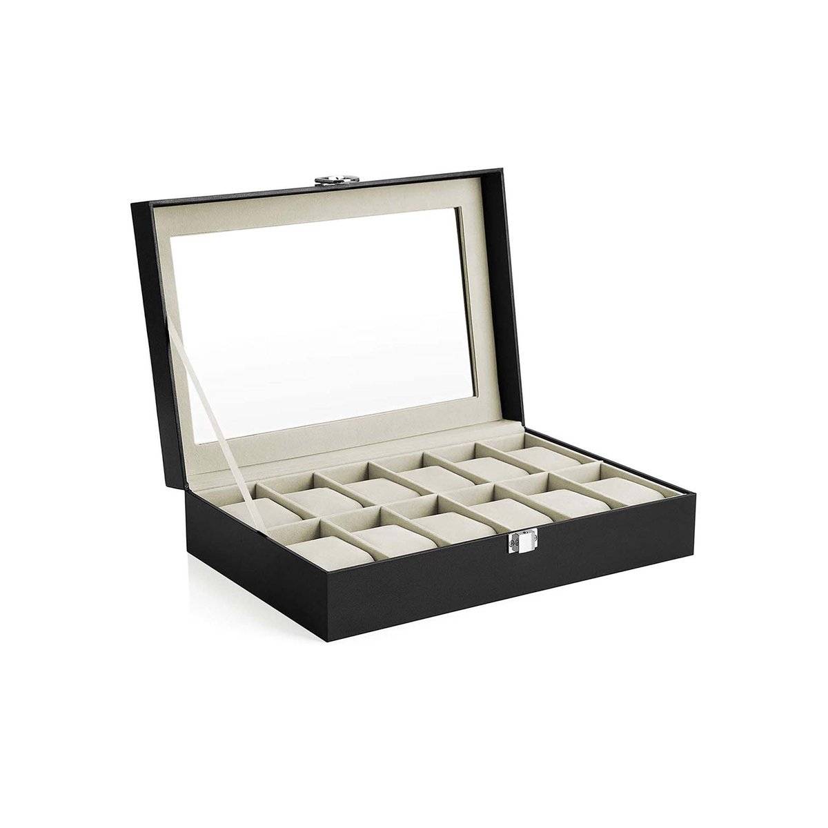 12-vaks horloge opbergdoos horloge display en opbergbox 30.2×20.2×8.1cm zwart glazen deksel display ontwerp met uitneembare horlogekussens en metalen sluiting pluche voering krasbestendig geschikt voor horloge opslag en presentatie