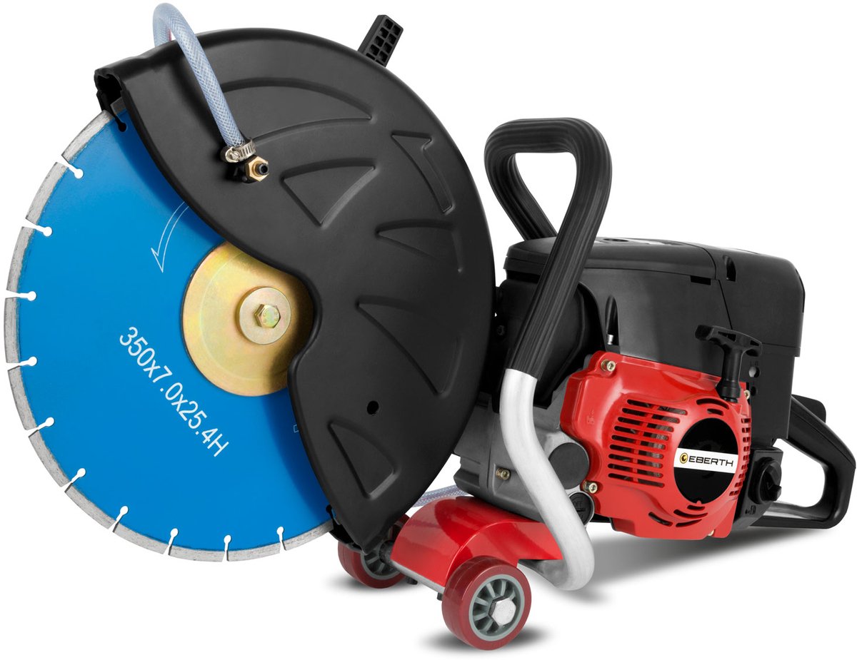 EBERTH benzine-afkortzaag, Motorflex-afkortzaag voor nat en droog zagen (zaagschijf van 350 mm, tweetaktmotor van 3 kW, cilinderinhoud 64,6 cc, 9500 tpm, trekstarter, max. zaagdiepte 110 mm)
