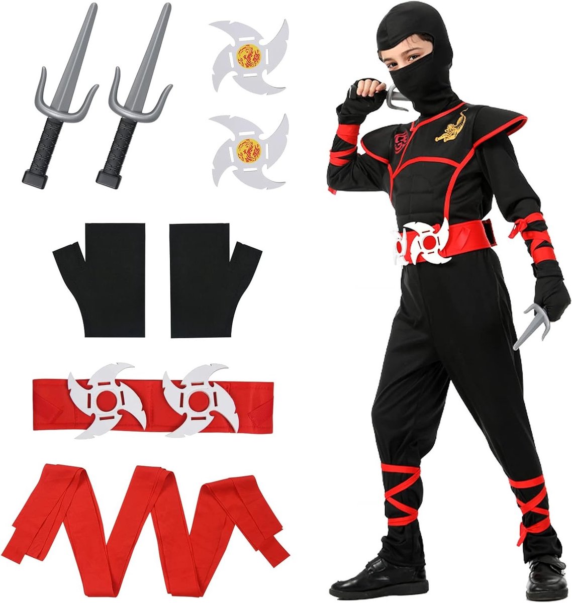 Halloween Kostuum voor Kinderen met Ninja Accessoires, Spetterend Krijger Outfit voor Jongens en Meisjes, Luxe Verkleedkleding voor Cosplay en Feestjes