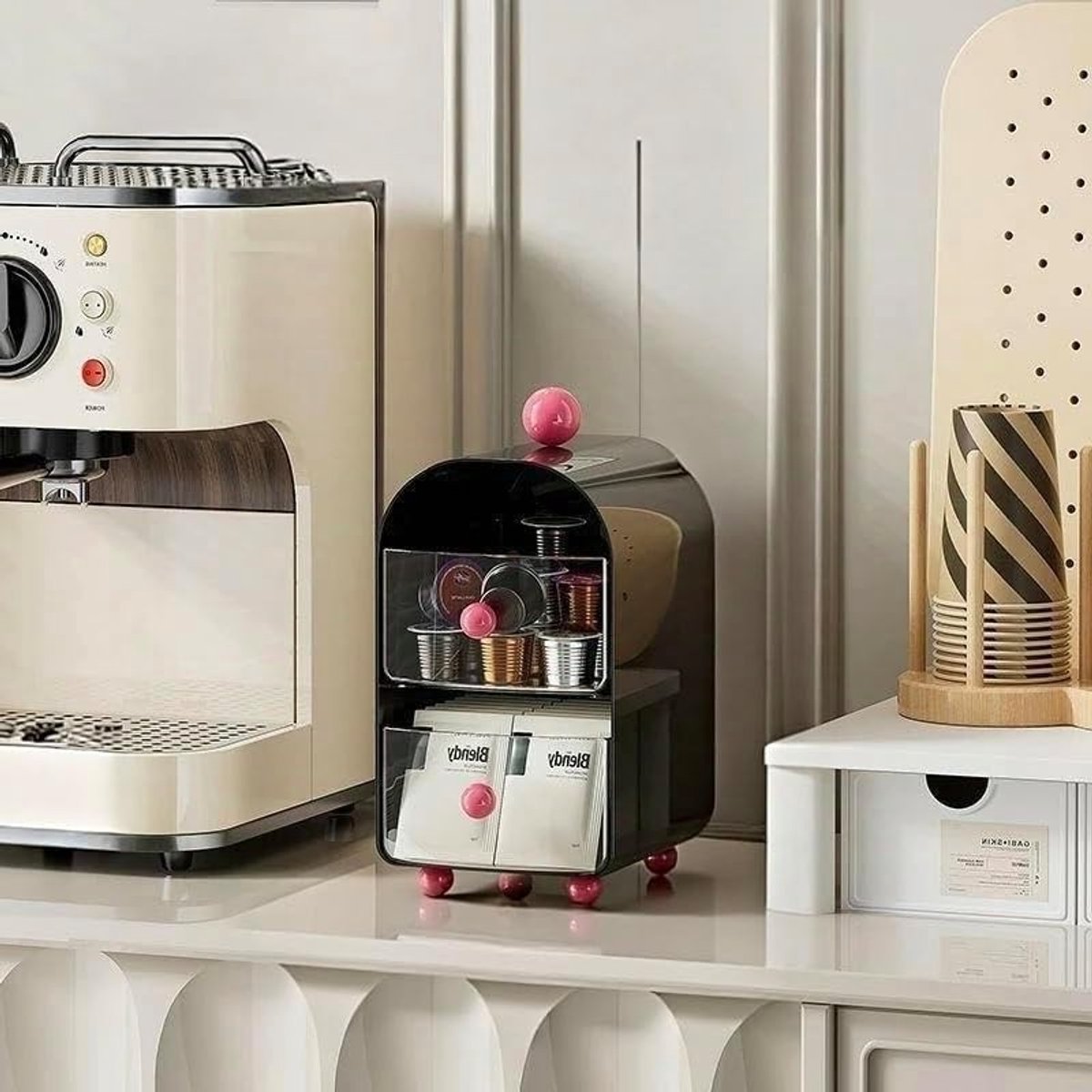Set van 2 theezakjes organizers met lades, 2 niveaus voor koffiepods, suikeropslag en transparante houder voor keuken en kantoor, ideaal voor thee- en koffiestation
