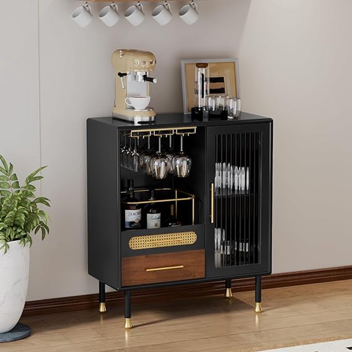 Moderne Zwarte Wijn- en Barkast met Wijnglashouders, Ribbelglas Deuren en 2 Lades – Compact Drankkast & Dressoir 80 x 38 x 94 cm