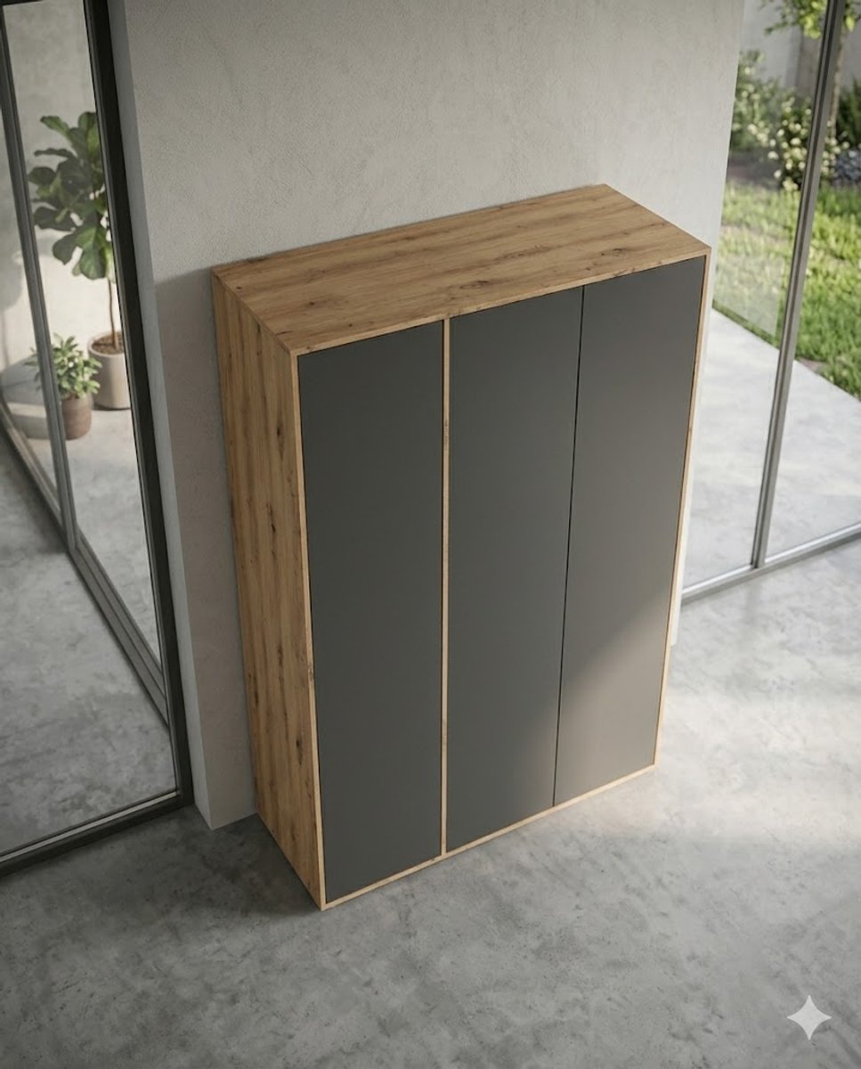 Kledingkast 3-Deurs 140 x 53 x 194 cm – Moderne Garderobekast met Push-to-Open en Legplanken – Grijs Metallic / Artisan Eiken | Vermissen