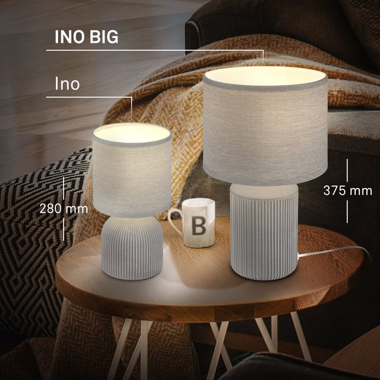 Briloner Ino - Lampe de table, abat-jour en tissu - 7538014 - Abat-jour en Tissus - Interrupteur à câble - Base en céramique - Ø15 x 28 cm - Grijs