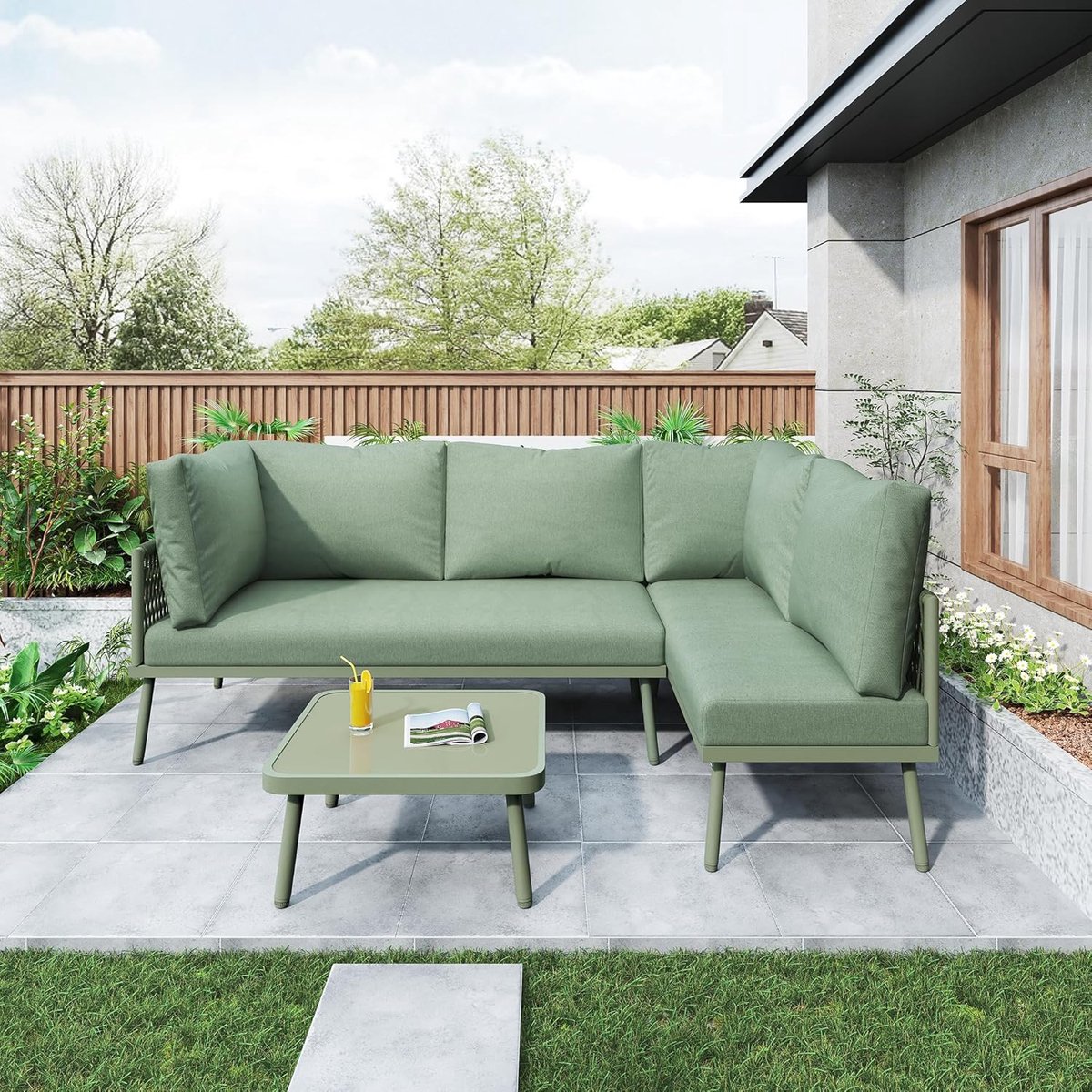Tuin Loungeset L-vorm 120x120x72 cm met Kussens, IJzeren Frame, Glazen Tafel en Verstelbare Poten – Groen – 2-Delige Hoekbank + Tafel – Laura