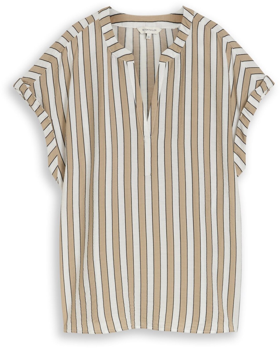 Tom Tailor - Losvallende blouse met V-hals - Maat 44 - olive white irregular stripe