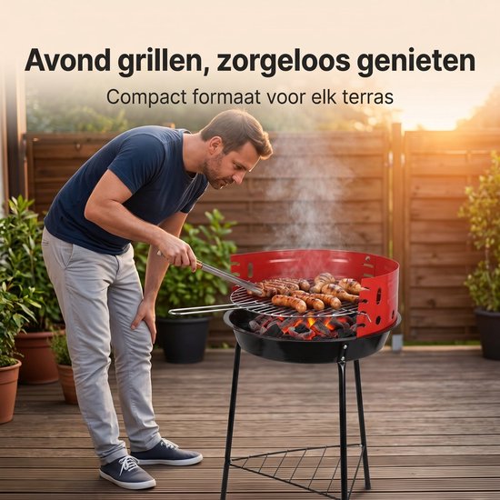 Cheqo® Houtskoolbarbecue - Houtskool Barbecue - Ronde Barbecue - Staande Barbecue - Houtskoolgrill - Tuinbarbecue - Compacte Barbecue voor Balkon en Camping - Barbecue met Verstelbaar Rooster - Houtskool BBQ - Zwart en Rood van Merkloos — afbeelding 4