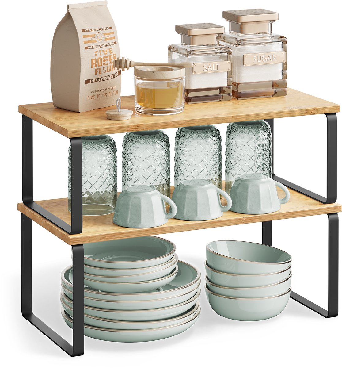 SONGMICS KCS210B01 - Kruidenrek Set van 4 - Uitbreidbaar en Stapelbaar - Metalen Frame