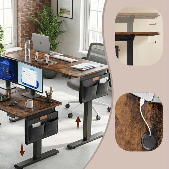 Uitsnede van twee zit-sta bureaus met verweerd houten blad en stoffen organizers, met details van kabelmanagement.