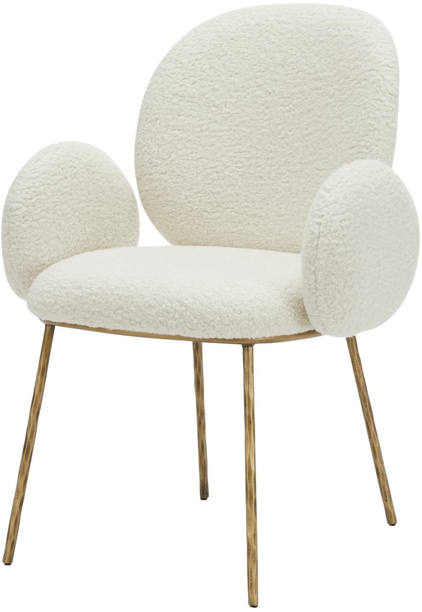 Sleepking - Stoel / Eetkamerstoel Artemis - 100% linnen Teddy Bouclé - Wit en Brass Goud