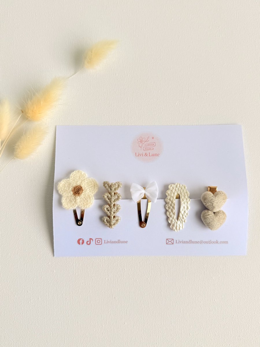 Livi Lune Haarspeldjes Meisjes Set Strikjes Vijf Beige Goud Nude Cremé