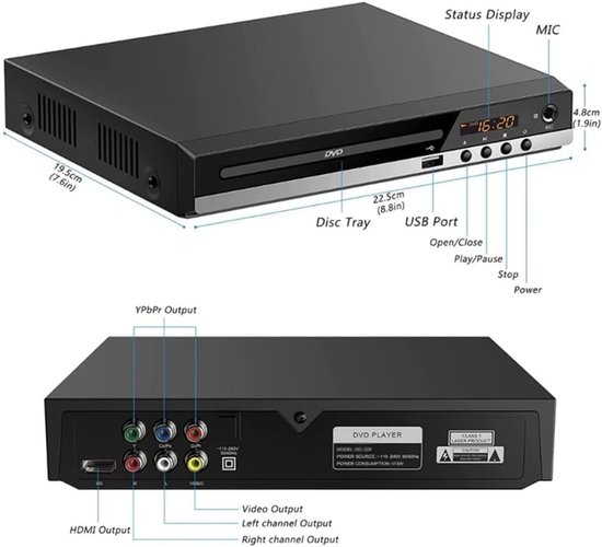 DVD-speler voor tv, mini-cd/dvd-speler, vrije regio's met 1080p HDMI-aansluiting, Dolby Digital AV-uitgang, USB-poort — afbeelding 3