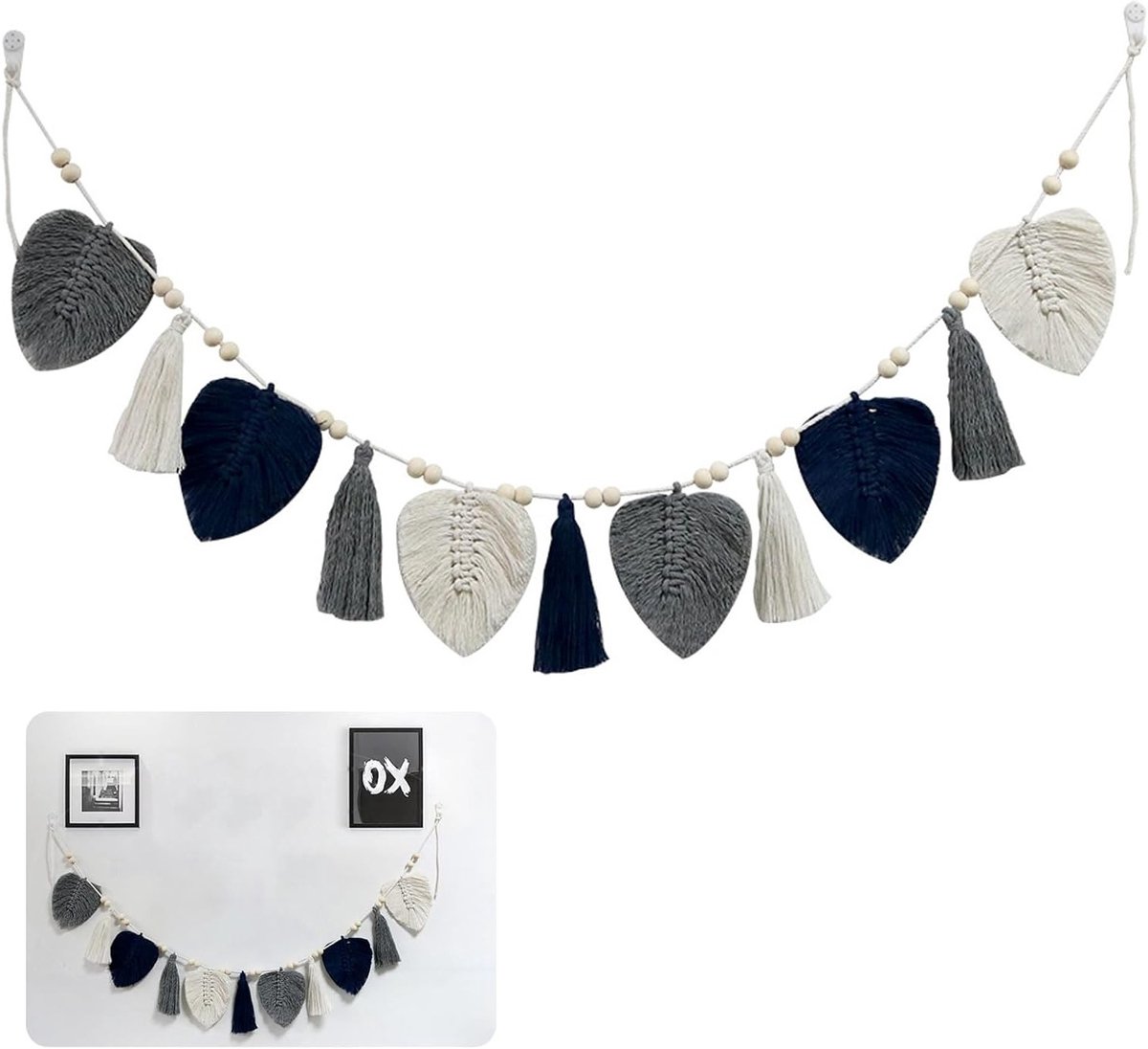 Macramé Wanddecoratie van 150 cm, Bohemian Tapestry met Franje, Perfect voor Woonkamer, Slaapkamer en Kinderkamer (Donkerblauw)