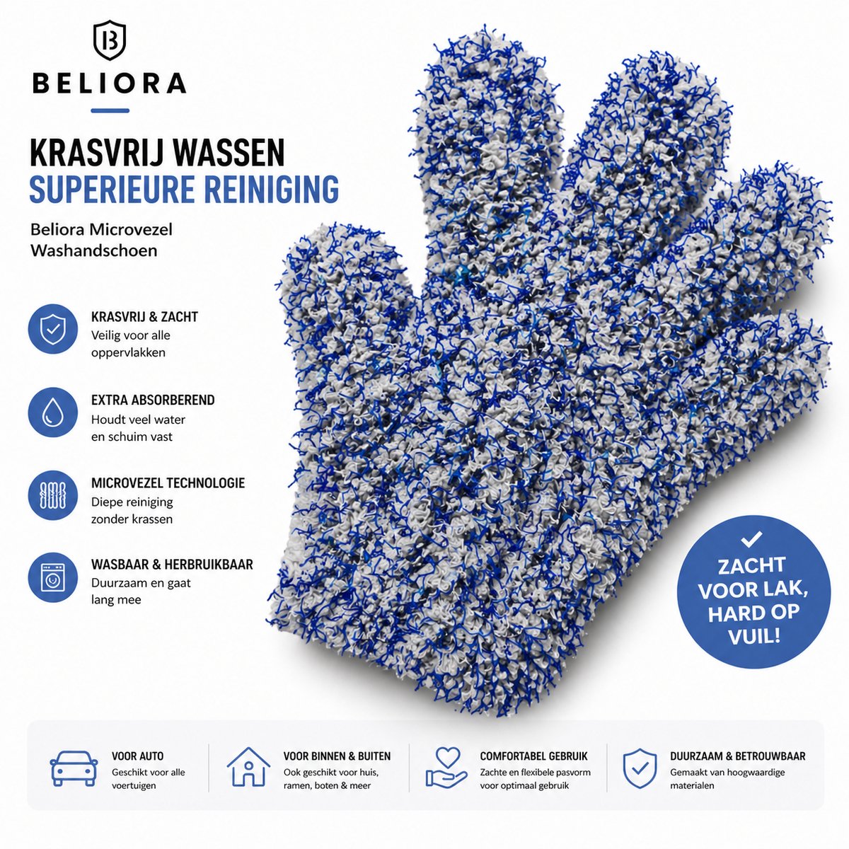 Beliora Microvezel Washandschoen – Krasvrij Auto Wassen – Extra Absorberend – Zacht voor Lak – 5 Vingers