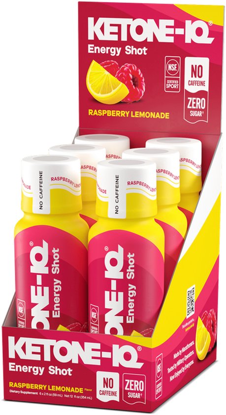 Displaydoos met Ketone-IQ Raspberry Lemonade shots, zonder suiker of cafeïne.