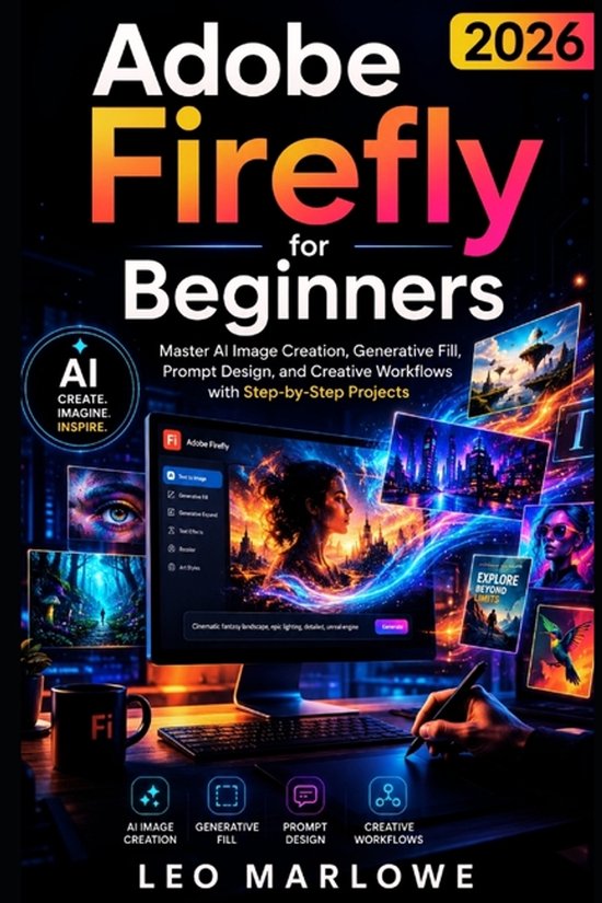 Boek 'Adobe Firefly 2026 voor Beginners' met een computer die diverse AI-gegenereerde afbeeldingen toont.