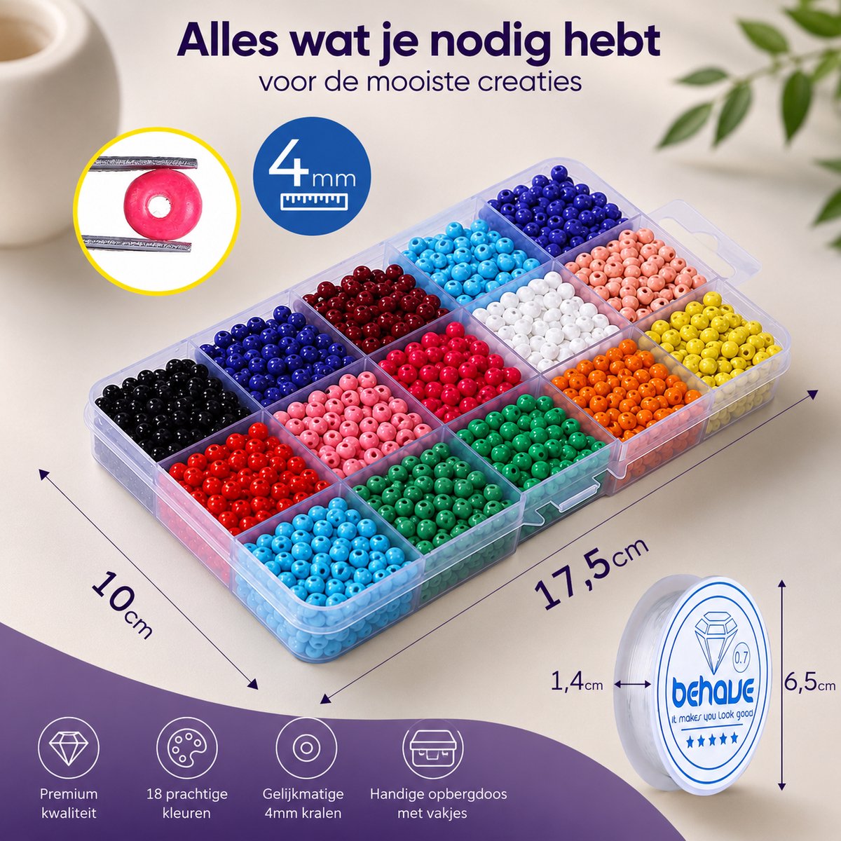 Behave Smiley Kralen Set — 5.150 Kralen — Glaskralen 4 mm + Smiley Letterkralen 7×4 mm + Rijgdraad — 15 Kleuren — afbeelding 2