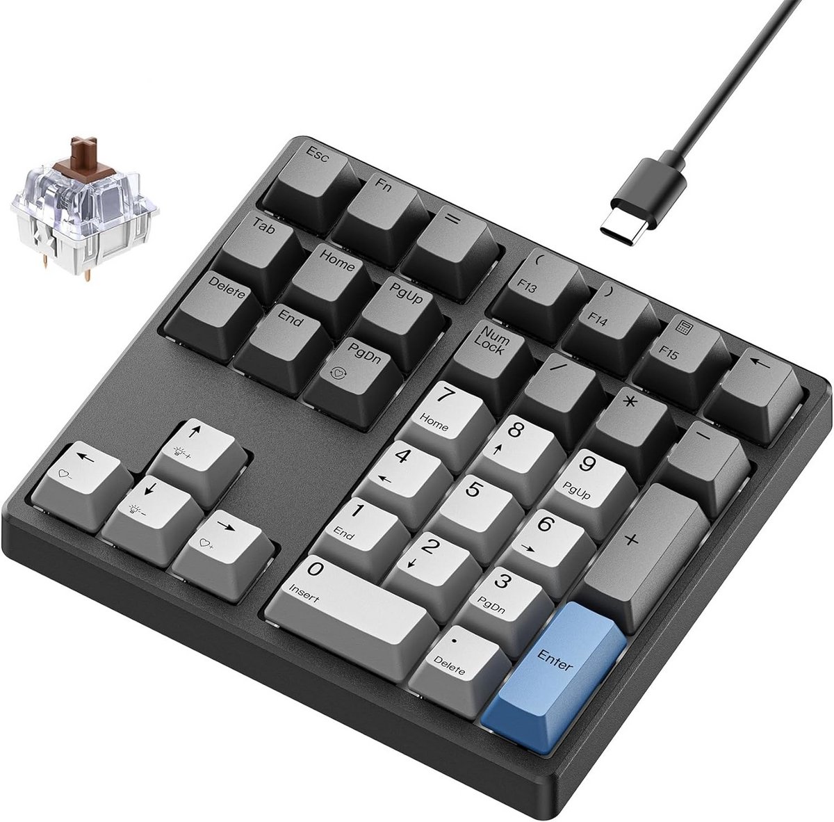 Hot Swappable Mechanisch Numpad (34 Toetsen) met Gateron Schakelaars - Bedraad USB Numeriek Toetsenbord met PBT Keycaps en Witte Backlight voor Laptop en PC