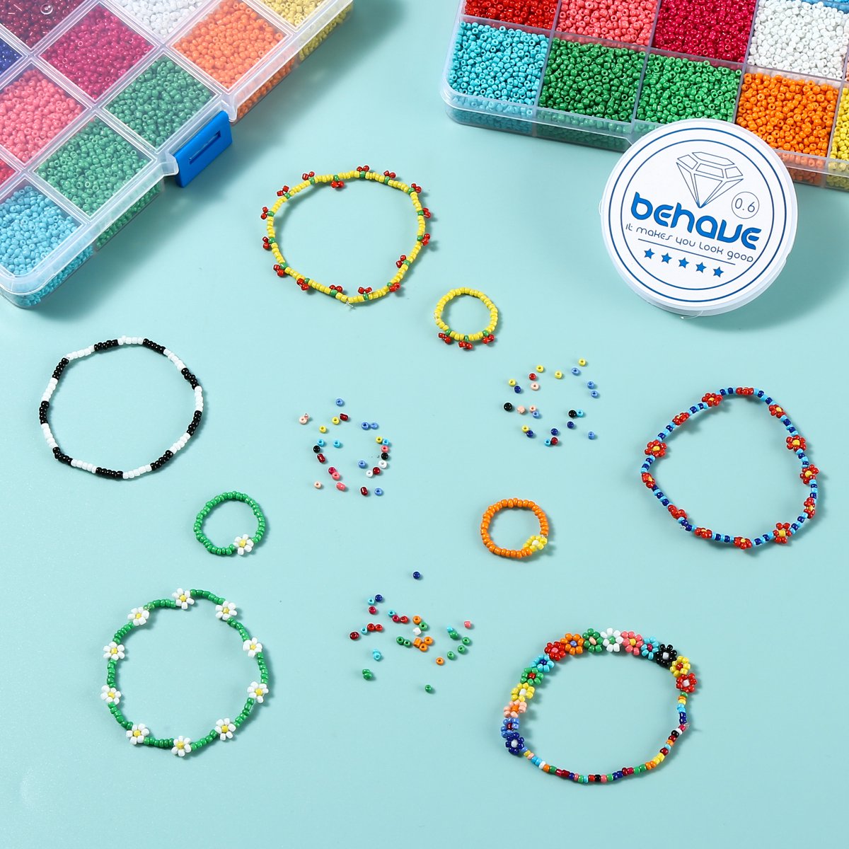 Behave Smiley Kralen Set — 15.650 Kralen — Glaskralen 2 mm + Smiley Letterkralen 7×4 mm + Rijgdraad — 15 Kleuren — afbeelding 6