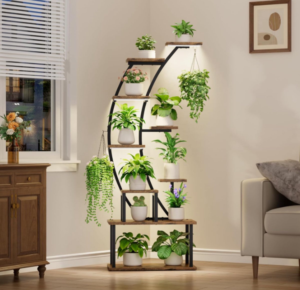 Plantenstandaard kweeklampen, 160 cm plantenrek, 9 gelaagde hoekplantenhouder, bloemendisplayplanken woonkamer, slaapkamer, kantoor