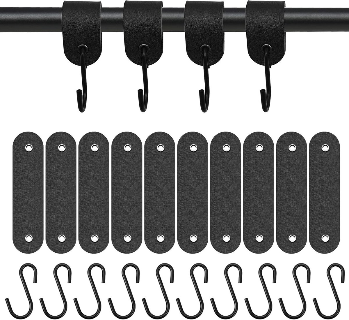Kledinghaken met leren lus, 10 stuks roestvrijstalen S-haken voor garderobe, camping en keuken, hoog draagvermogen voor veelzijdig gebruik in huis en badkamer