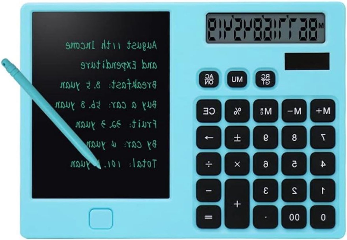 Rekenmachine met Kladblok - Digitale Kladblok - Berekeningen Maken - Uitwisbaar Scherm - 12 Cijfers - Blauw