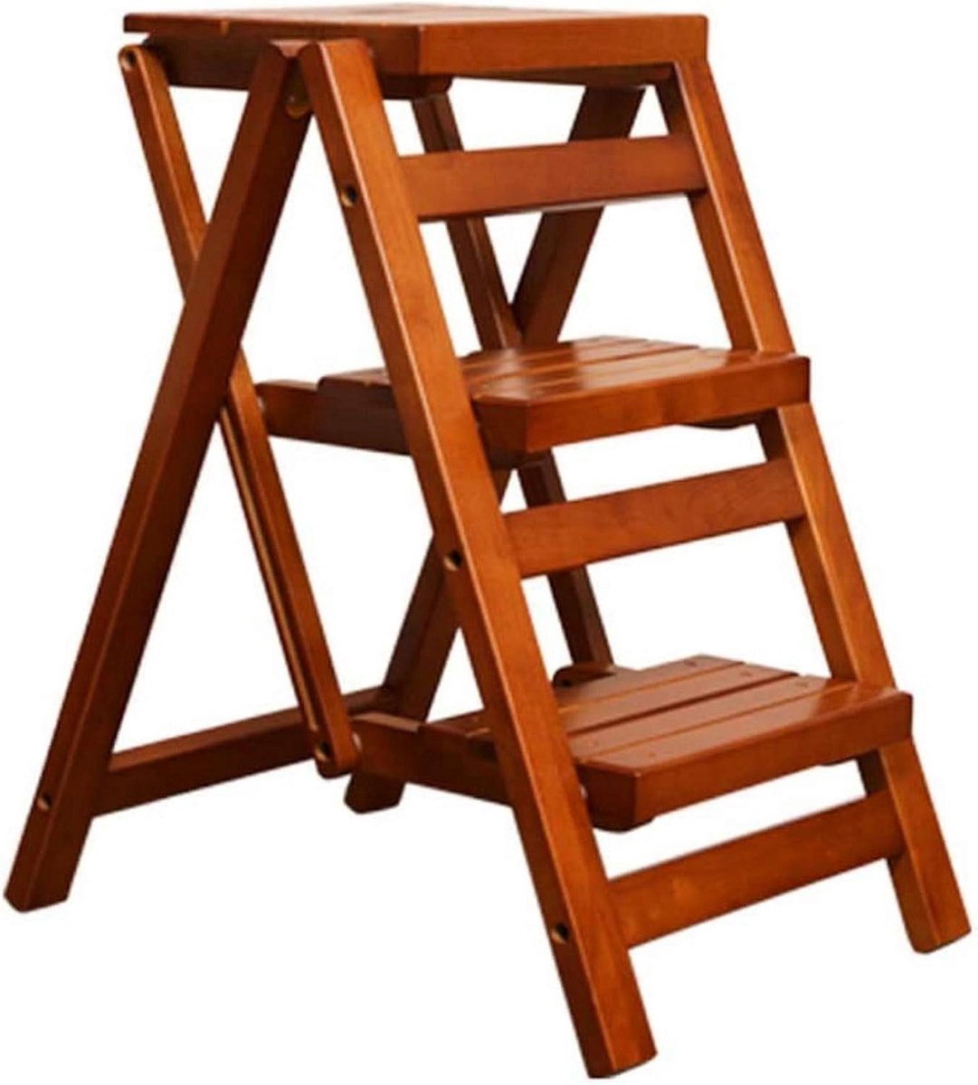 Houten Trapkruk - Klapstoel Kruk - Veilig Bereiken - Massief Hout - 3 Treden - Natuurlijk