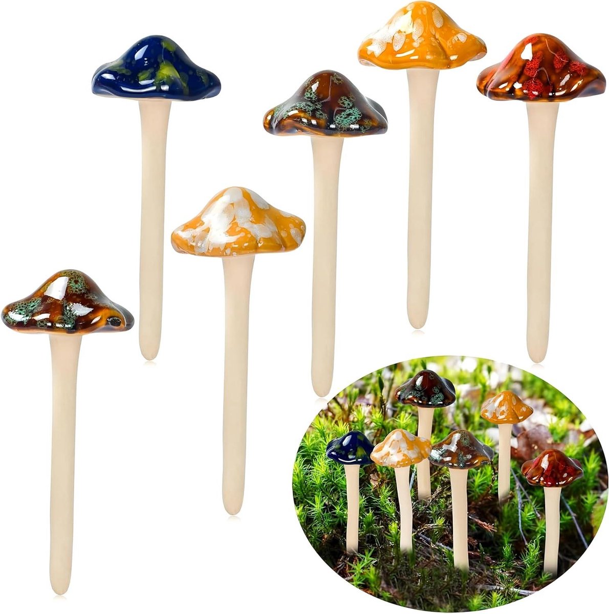 Tuinpaddenstoelen Set - Keramiek Decoratie - Tuin Aankleden - Hittebestendig Glazuur - 6 stuks - Kleurrijk