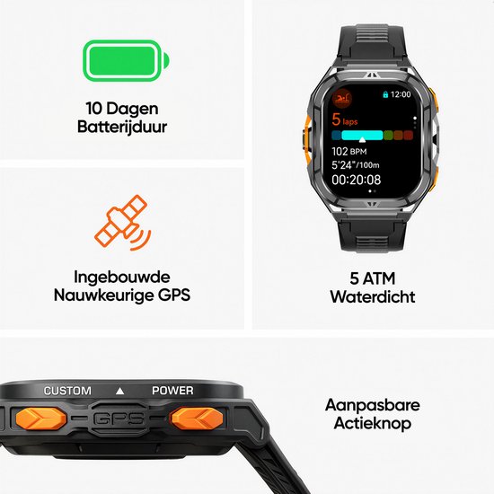 Synyq Solid Pro - GPS Smartwatch Heren - Sporthorloge - Horloge Heren - Belfunctie - Stappenteller - Hartslagmeter - 150+ Sportmodi - Waterdicht - AMOLED - Geschikt voor iOS/Android